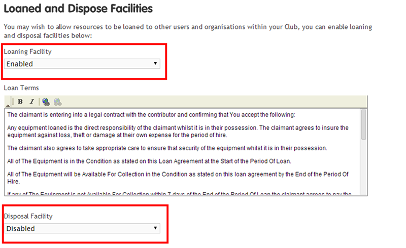 Loaning and Disposal Facilities settings