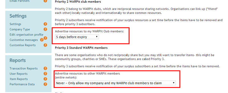 The settings for if and when items are advertised to other organisations