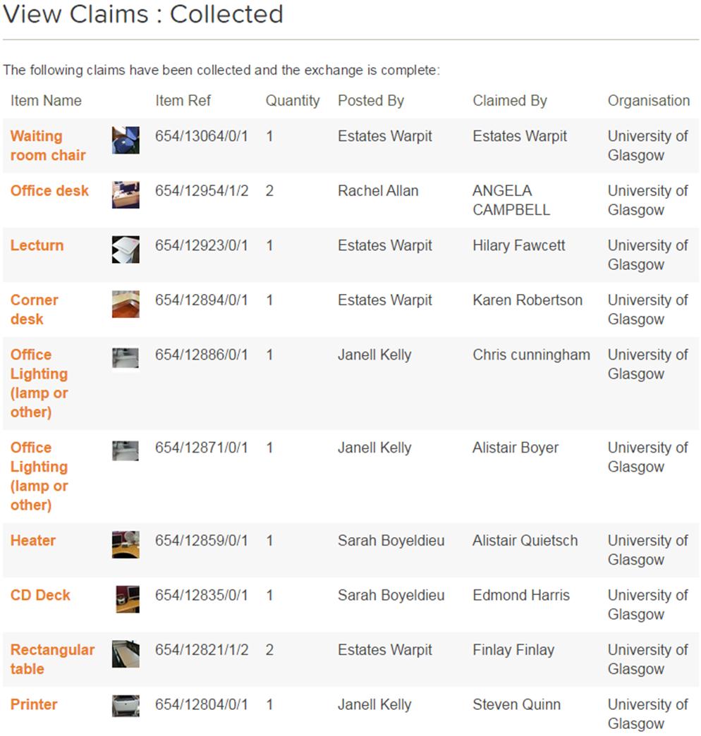 Claimed Items screenshot