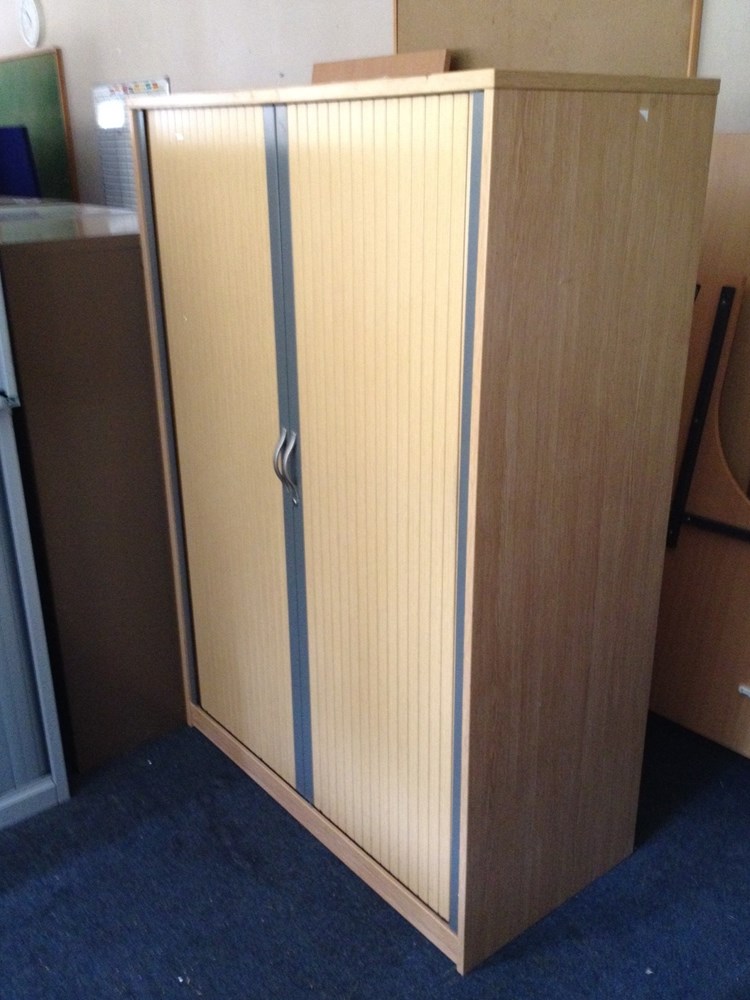 Tambour unit - 3 shelves, doors, wood/silver