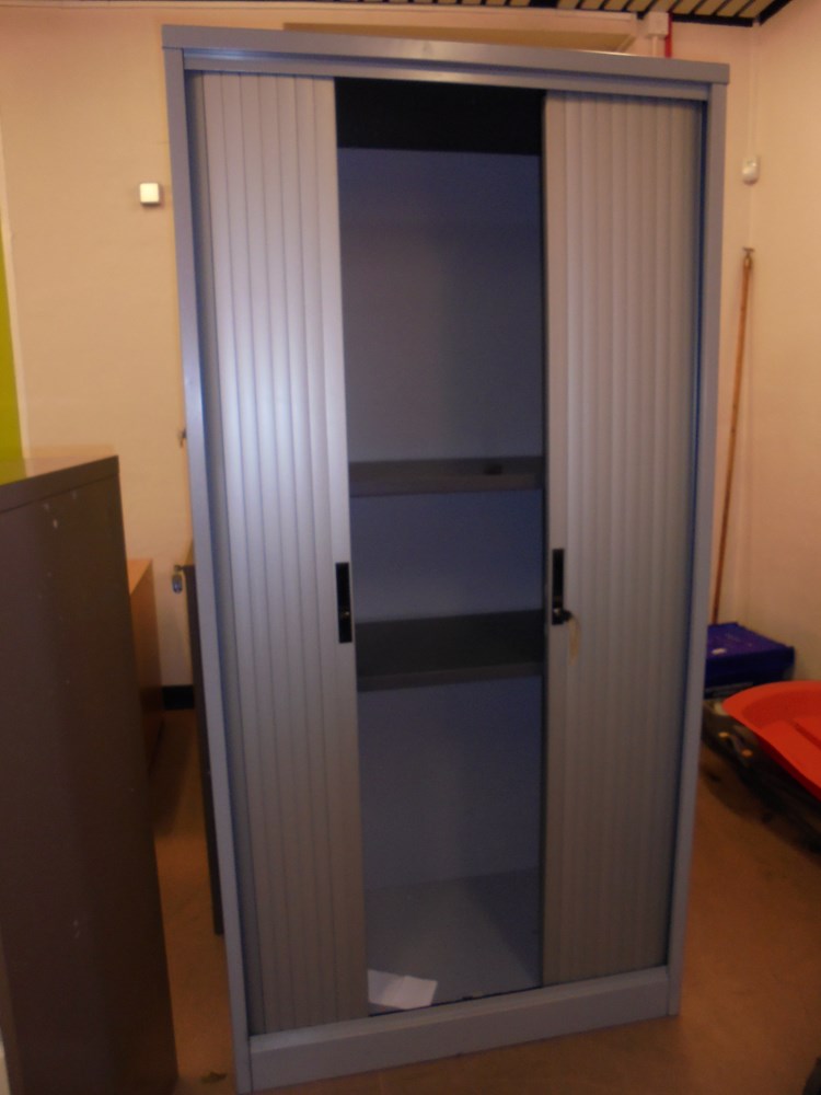 Large tambour unit with keys - metal.  Has come off track but looks to be fixable.  100w x 50d x 200h