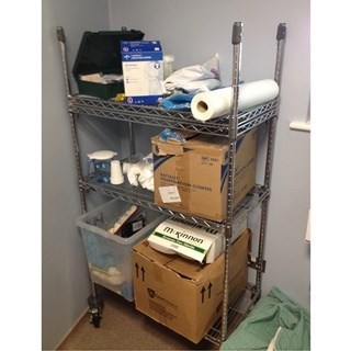 metal shelving unit on wheels