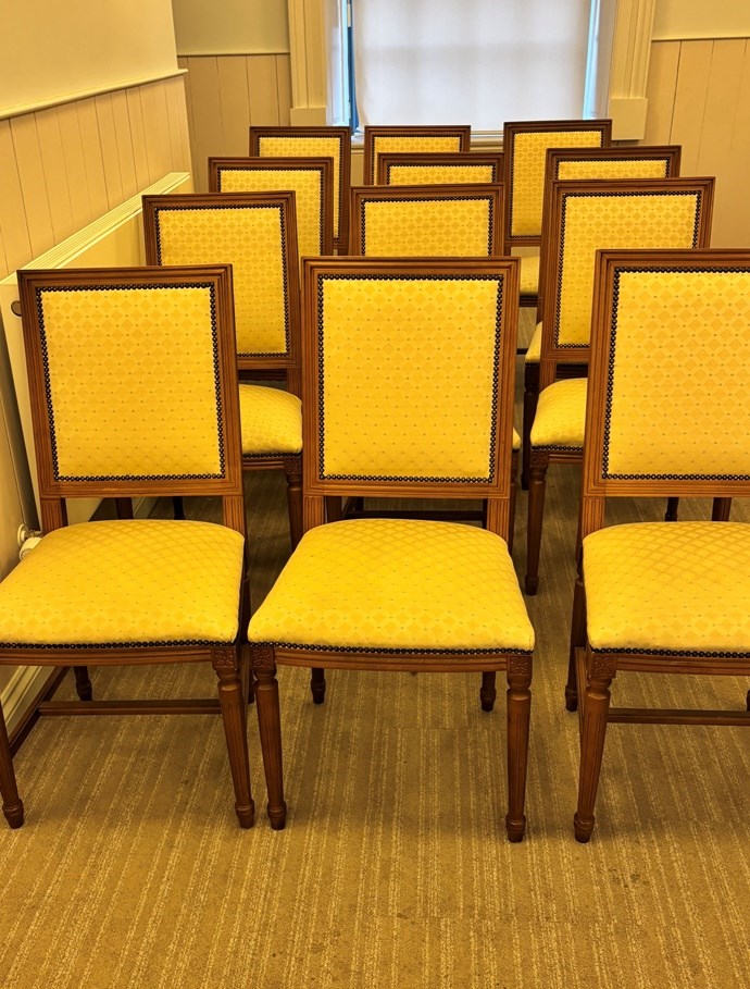 High back fabric chairs with wooden frames