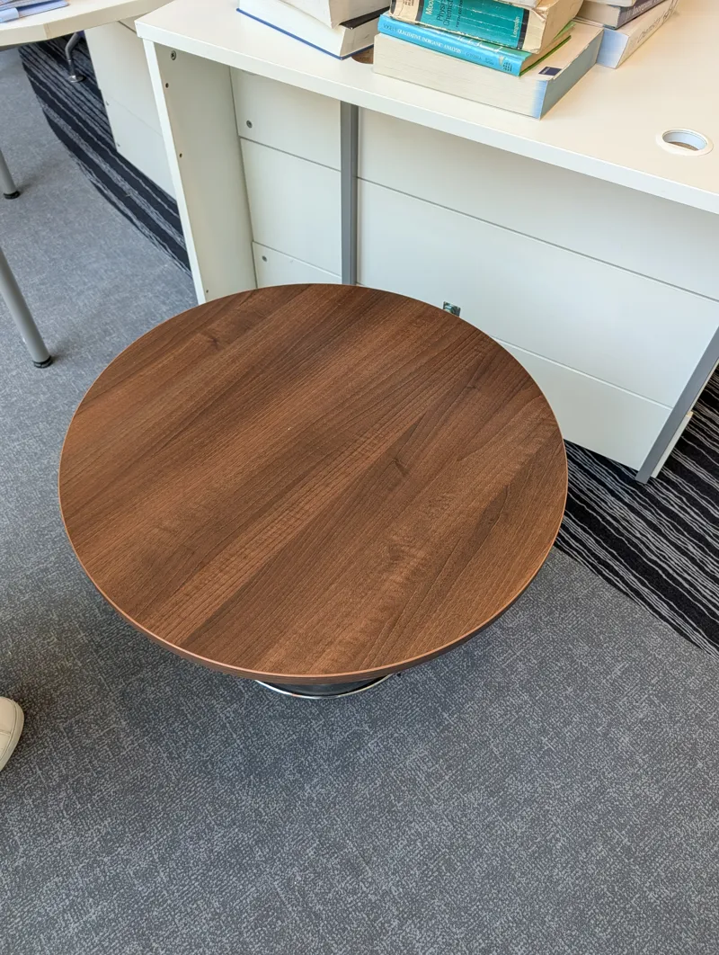 Round Walnut Veneer Table with Chrome Base