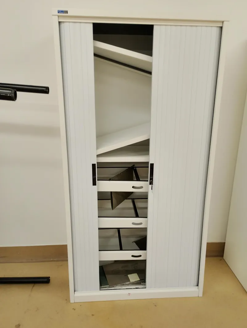 White Sliding Door Cabinet with 4 Drawers