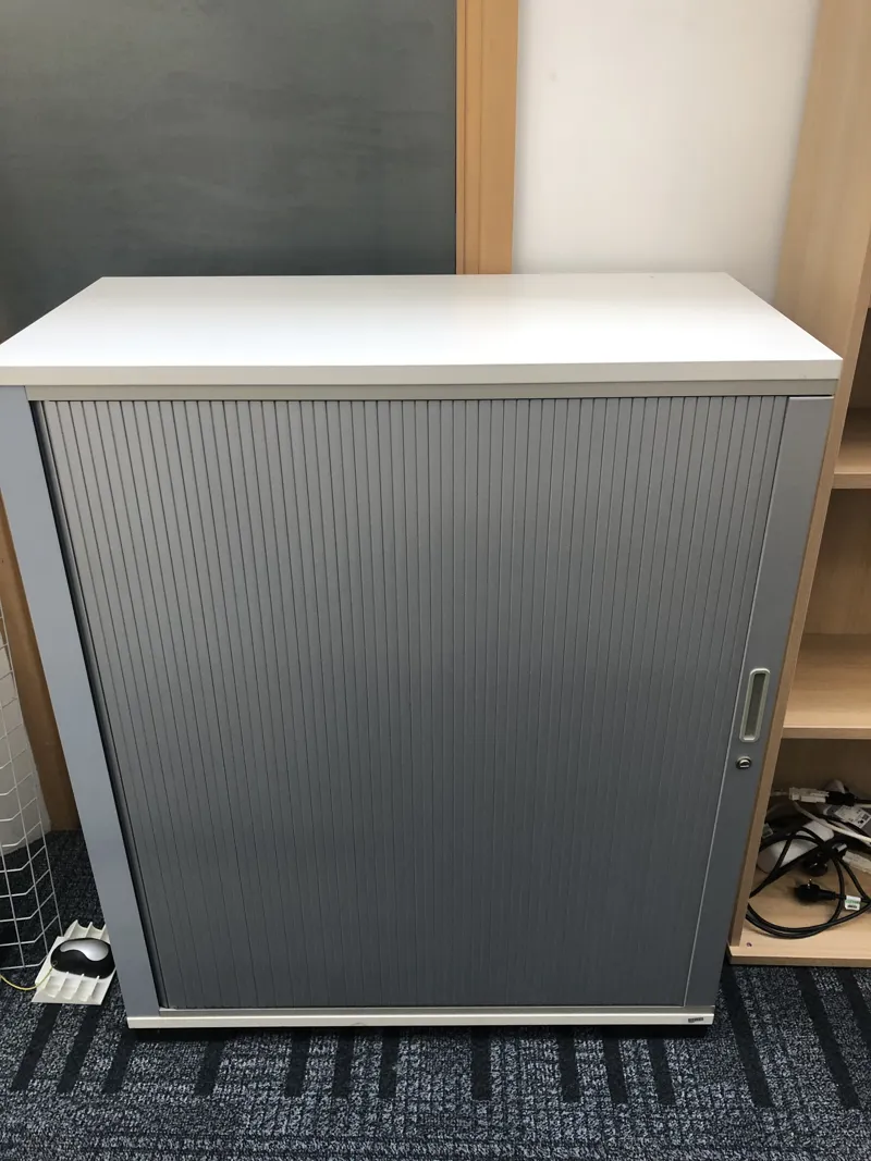 Grey and White Tambour Door Storage Cabinet