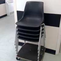 5 x Stacking Chairs with White Metal Frame - Black Seats