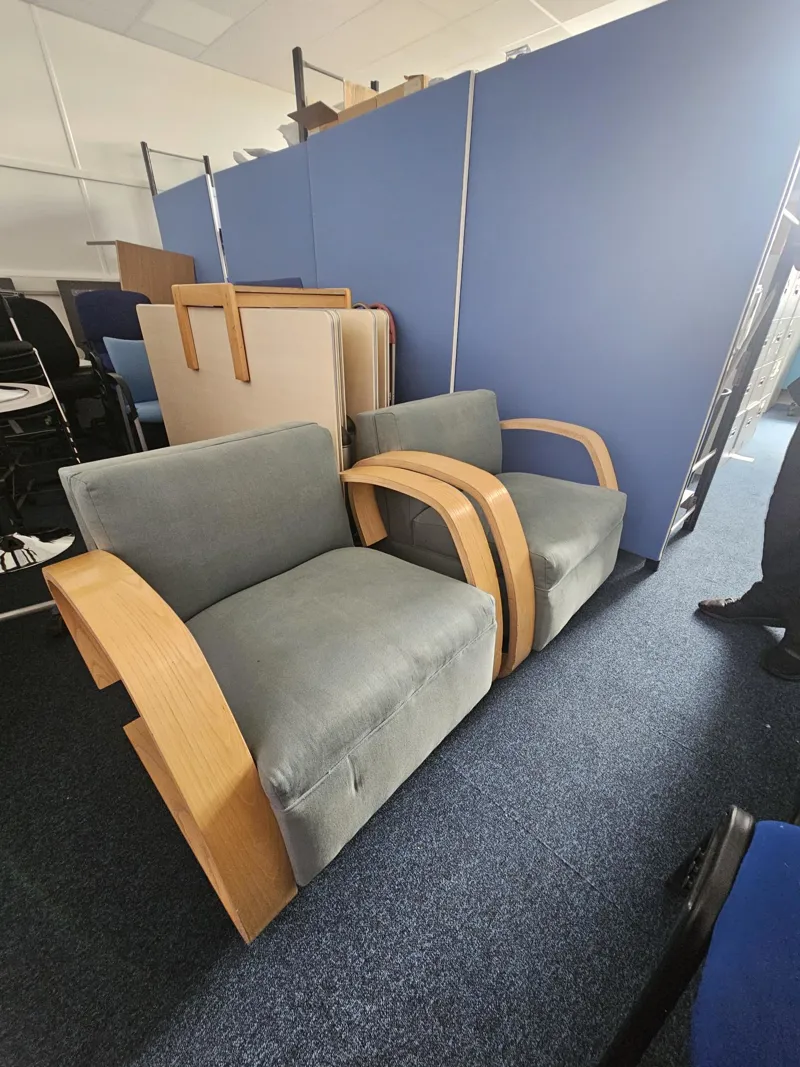 2 Wooden framed soft chairs and small coffee table