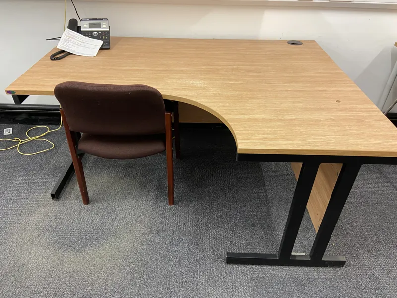 Light Oak L-Shaped Desk with Black Frame
