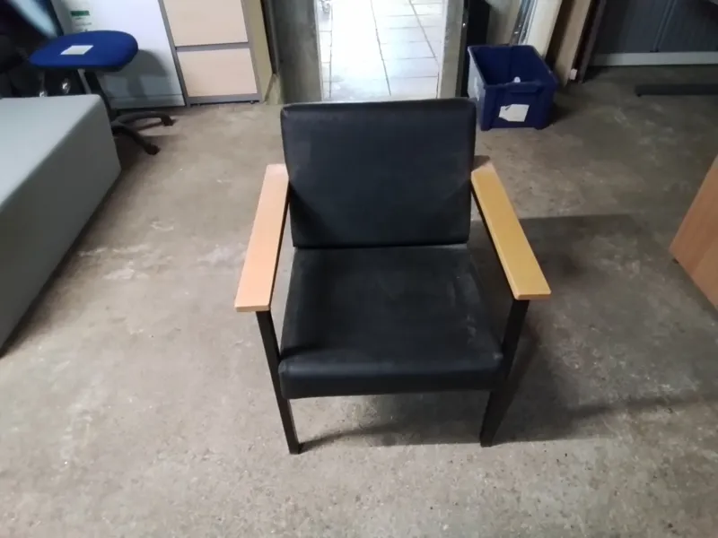 Black Leather Armchair with Wooden Arms