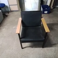 Black Leather Armchair with Wooden Arms