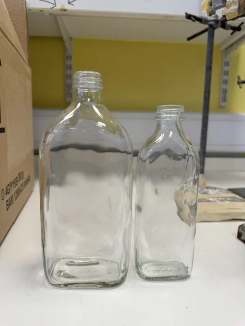 Bottles - clear glass medical flat bottles with sloping shoulder. 100ml, 200ml, 500ml