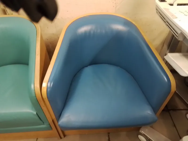 Blue Upholstered Tub Chair with Natural Wood Frame very heavy