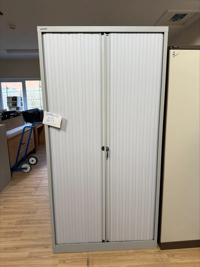 White Vertical Tambour Cabinet with Lockable Doors