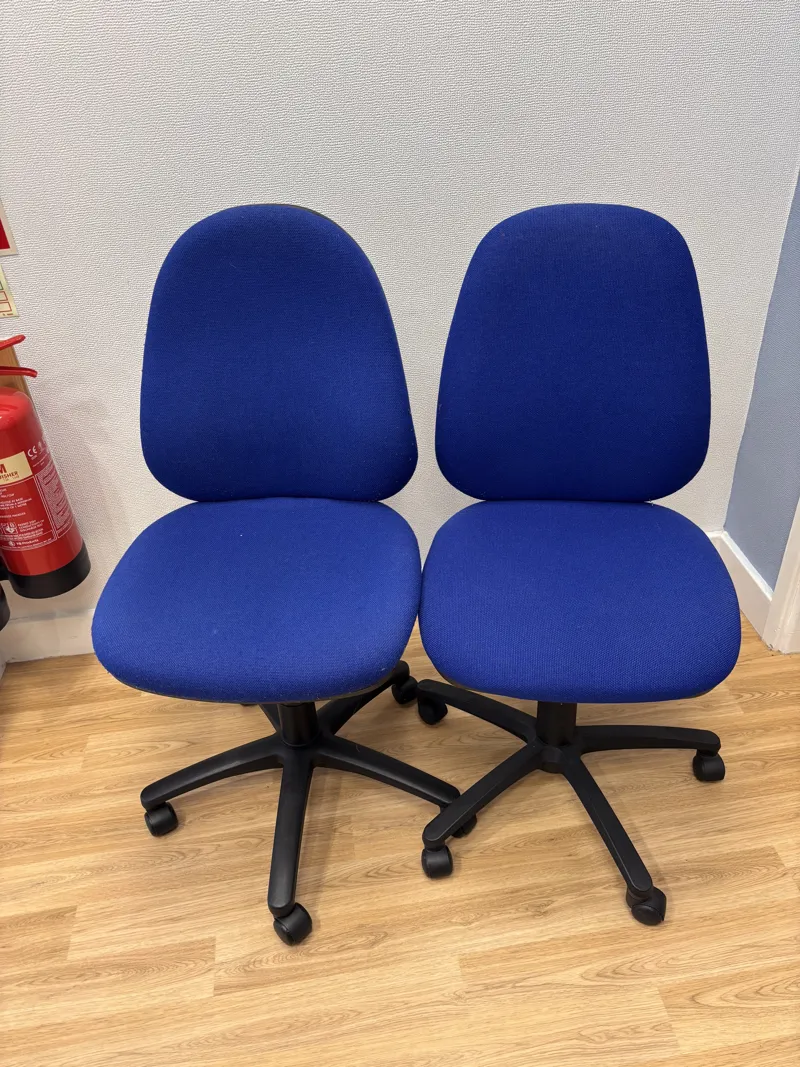 Blue Office Chairs - Pair with Black Base and Casters