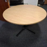 Round Timber Meeting Table with Black Pedestal Base