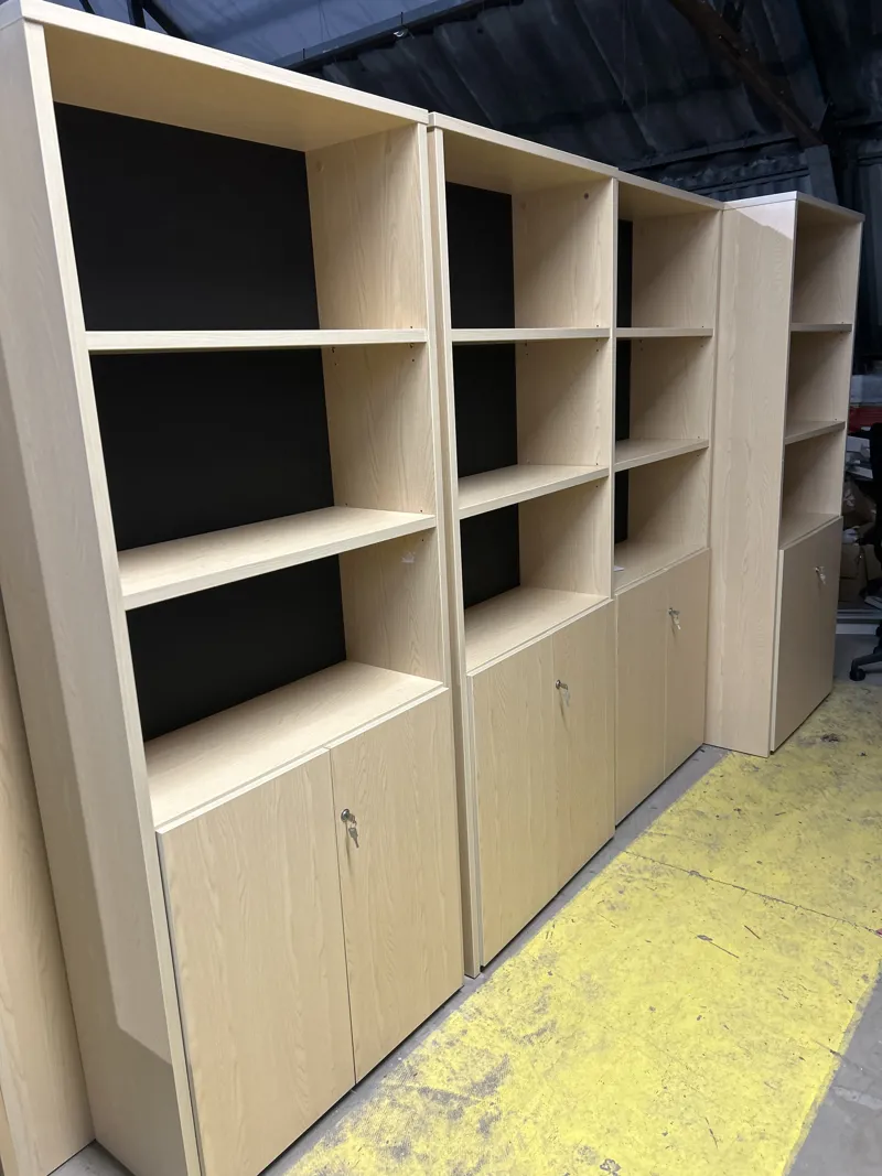 Light Oak 4-Section Modular Storage Unit with Open Shelving & Lockable Cabinets