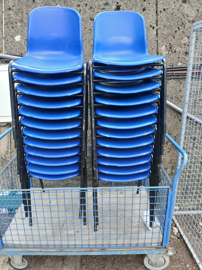 Stacking Chairs – Blue and Various colour Plastic Seat, Black Frame