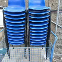 Stacking Chairs – Blue and Various colour Plastic Seat, Black Frame