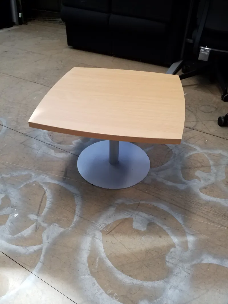 Light wood curved-top café table with blue pedestal base