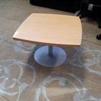 Light wood curved-top café table with blue pedestal base