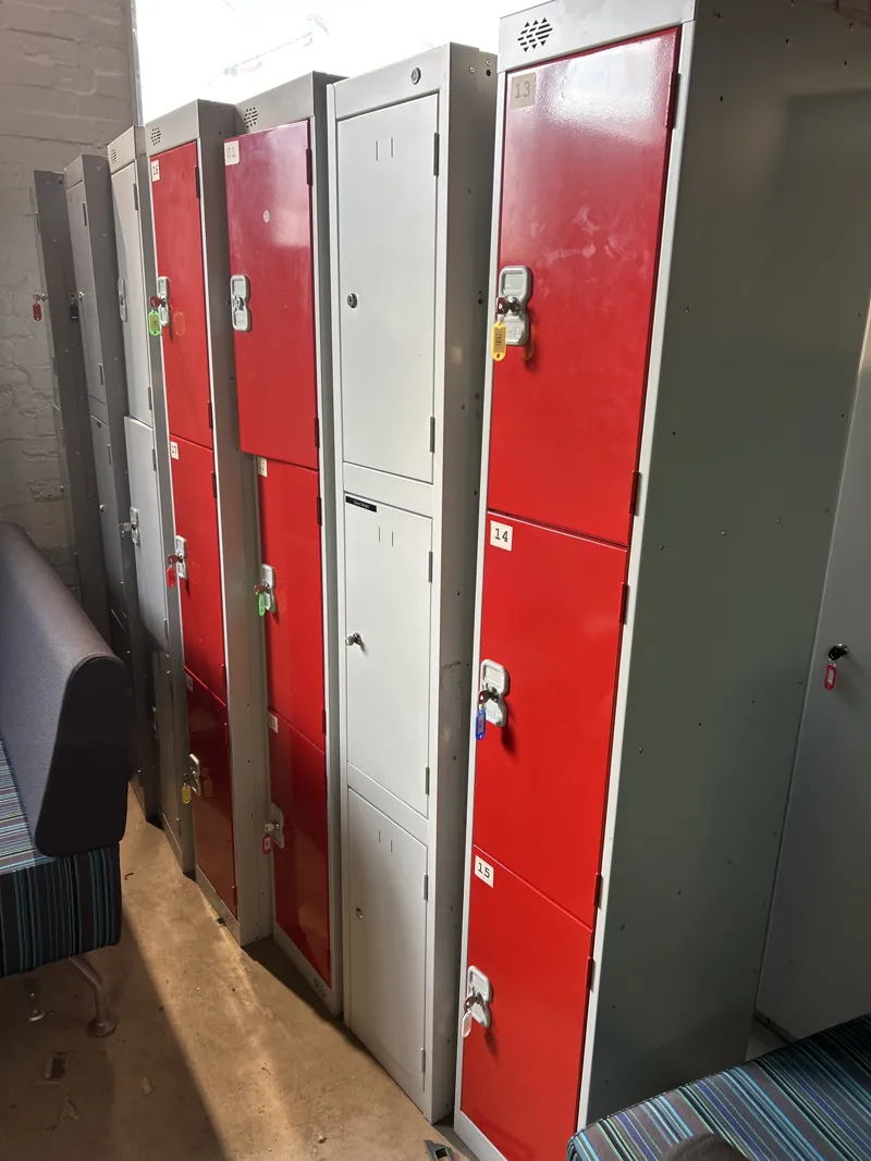Probe lockers, multi-compartment storage units, red and white