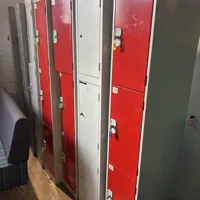 Probe lockers, multi-compartment storage units, red and white